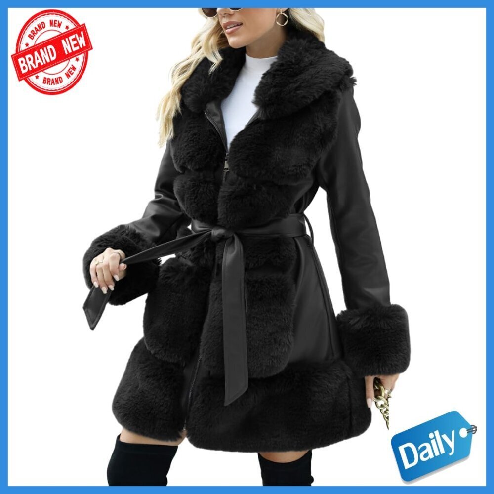 Knee-Length Wool Pea Coat with Faux Fur Trim and Belt